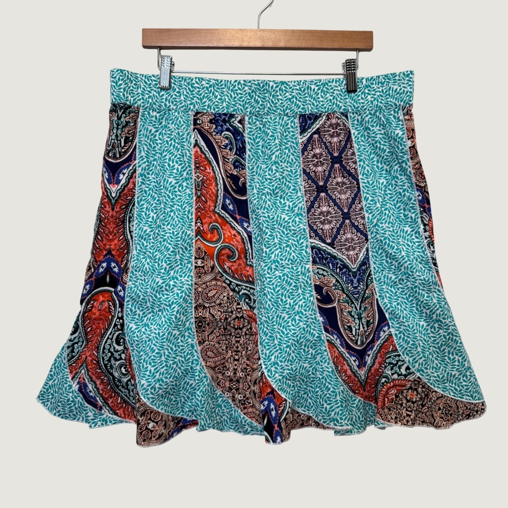 Sahalie A-Line Pull-On Skirt XL Turquoise Orange Paisley Patchwork Cotton Boho